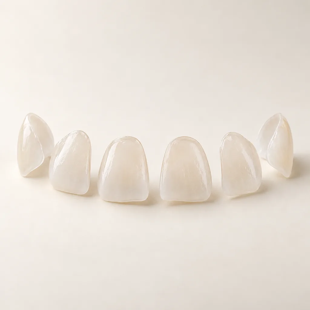 Illustration of a row of thin porcelain veneer shells